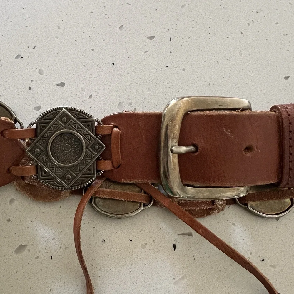 Vintage Genuine Leather Concho Belt Brown Boho Southwestern Silver Medallion L